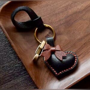 Black Leather Heart Keychain | Auburn Bow Accent | Red Stitch Detail 🖤🎀